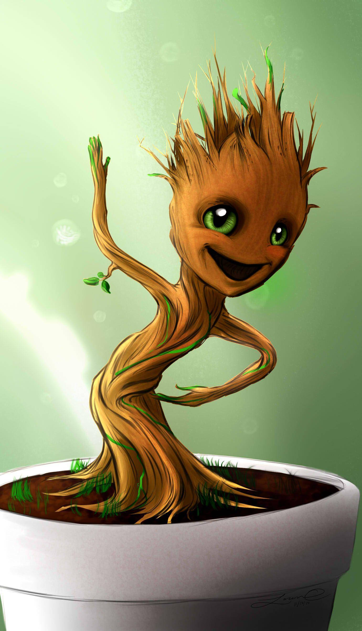 Baby Groot 綠眼 壁紙 — 一個快樂的嬰兒樹生物，有綠色眼睛和樹枝四肢，在白色花盆中歡快地跳舞，背景是柔和發光的綠色。