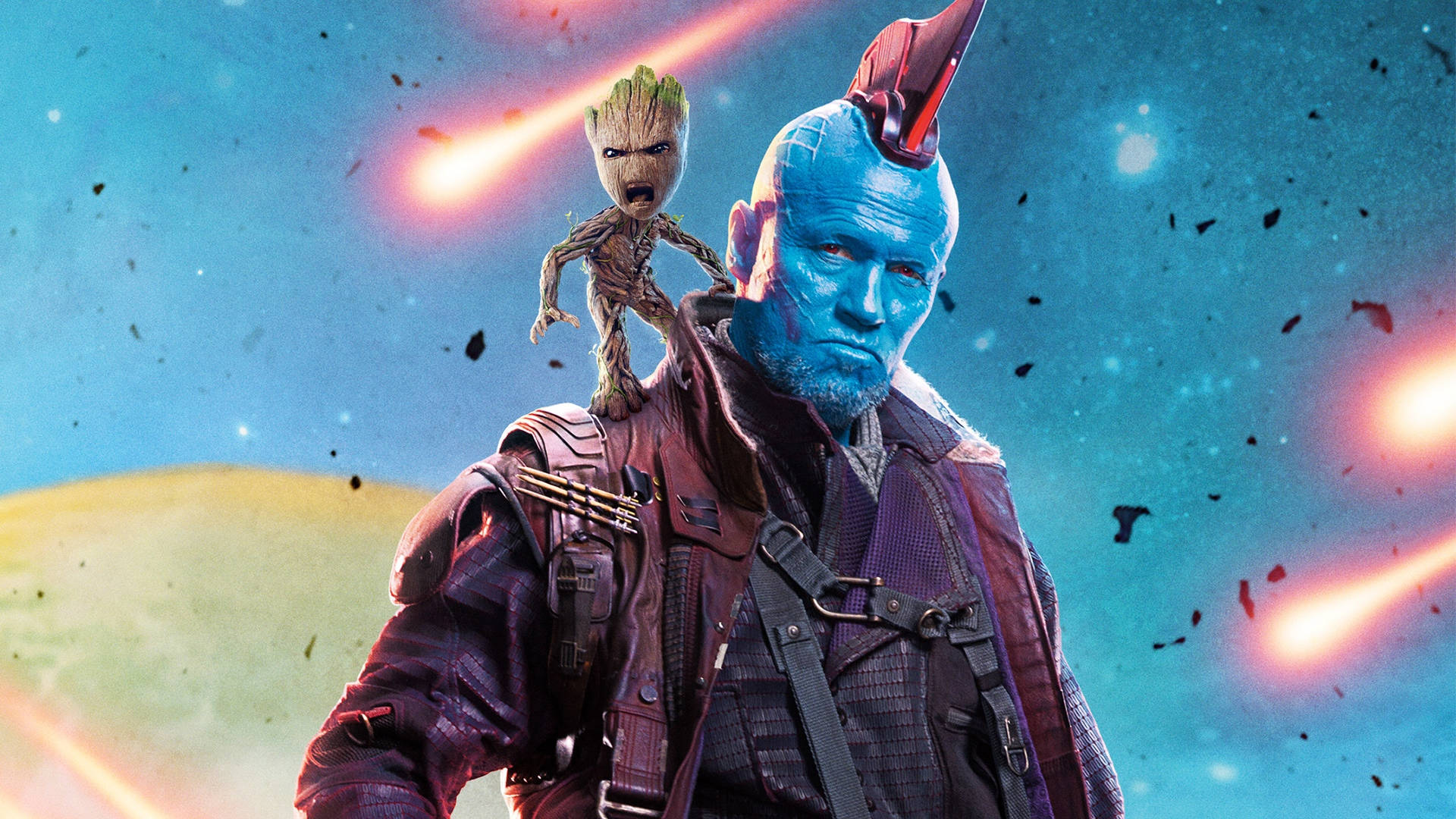 Baby Groot 與勇度 壁紙 — 藍皮膚的銀河守護者，肩上有格魯特，身處宇宙碎片和發光能量軌跡之中。
