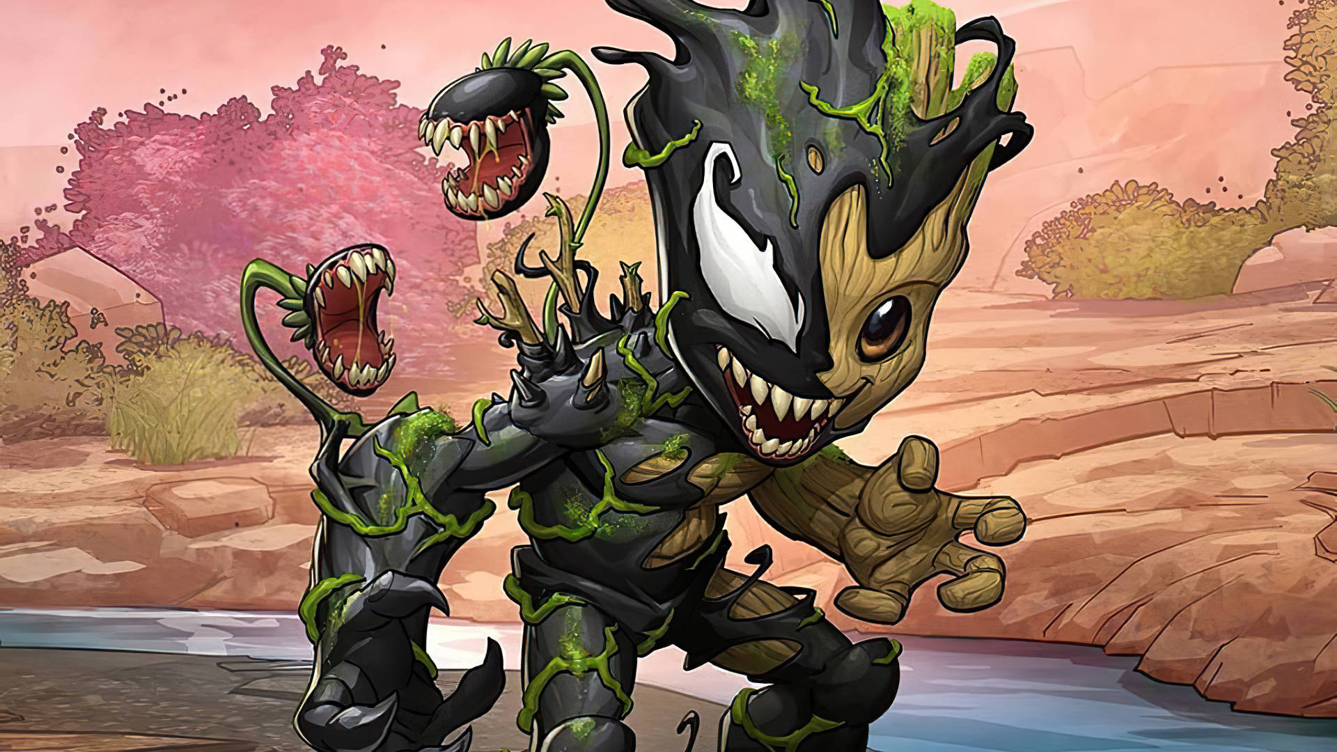 Baby Groot 融合毒液 壁紙 — Venom 與一棵帶有發光綠色藤蔓和食肉植物的樹木的怪物融合體，在沙漠峽谷中威風凜凜地站立。