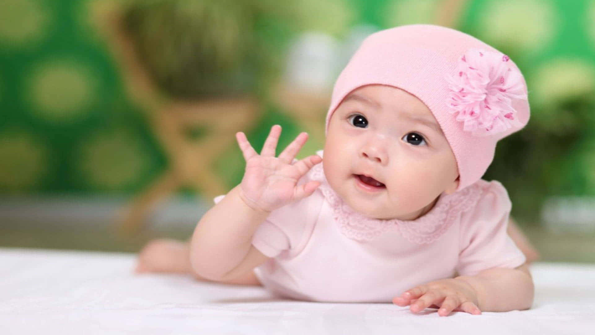  壁紙 — 一個戴著粉紅色帽子、帽上有一朵花的嬰兒，躺在白色表面上，對著柔和的綠色背景開心地揮手。