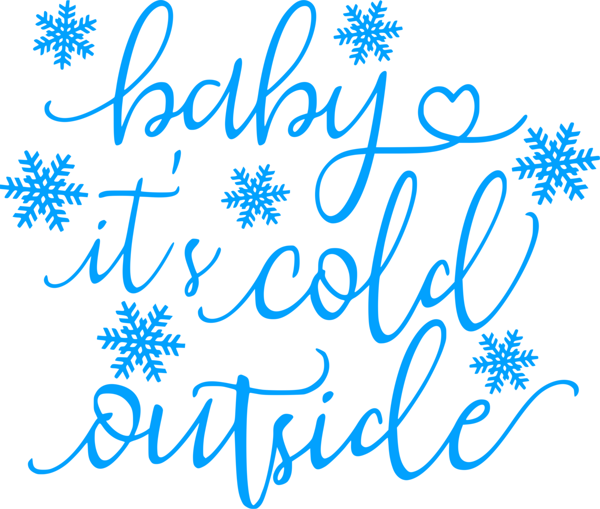 「Baby It's Cold Outside」手寫書法 壁紙 — 藍色草書文字顯示 baby it's cold outside，周圍有雪花在黑色背景上。