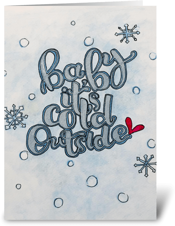 「Baby It's Cold Outside」手繪書法 壁紙 — 手繪冬季主題藝術作品，帶有風格化文字「Baby it's Cold Outside」，周圍環繞雪花和氣泡，背景為藍色水彩。