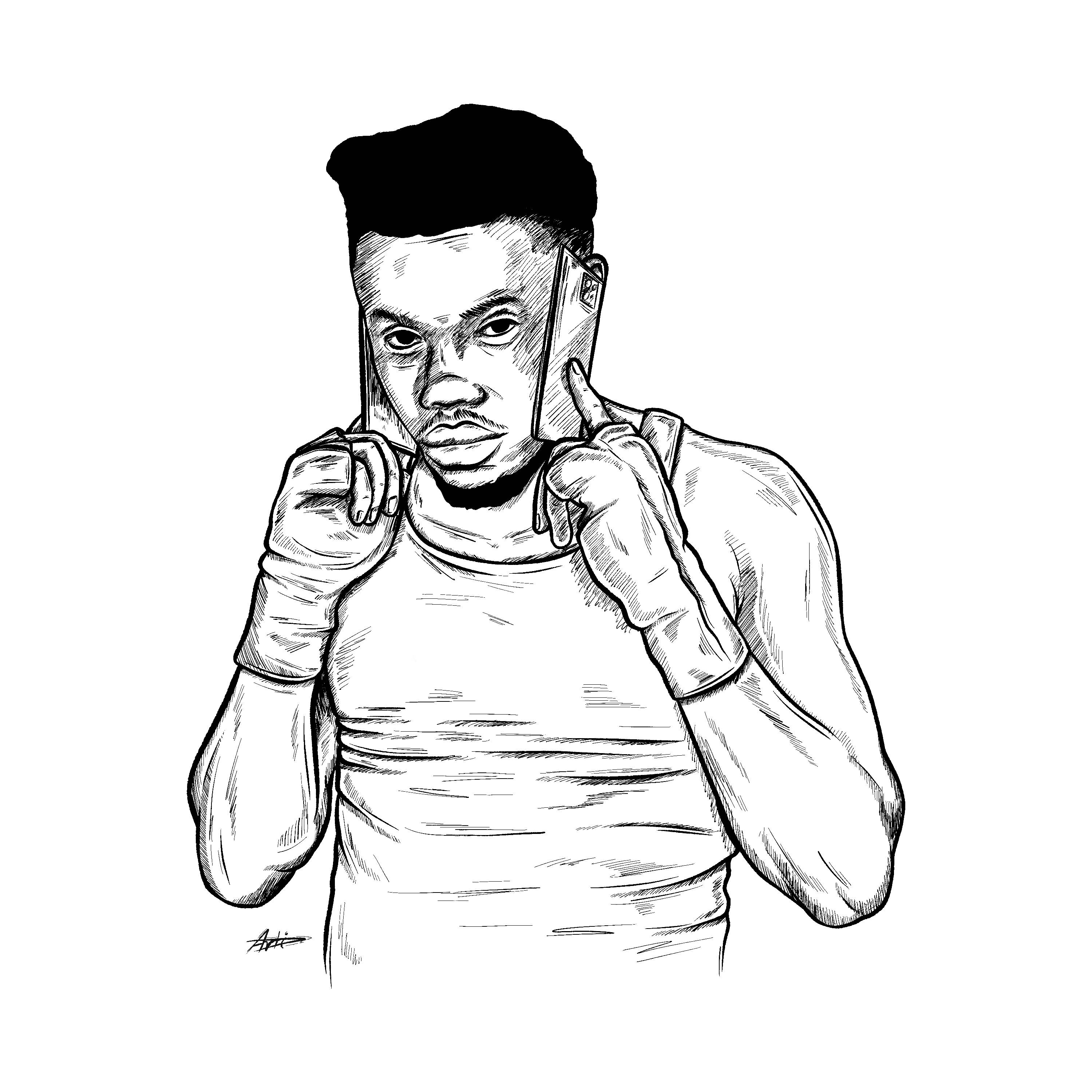 Baby Keem 素描藝術 壁紙 — 一個戴著拳擊手套的男人，表情嚴肅地將電話貼在耳邊的黑白線條畫。