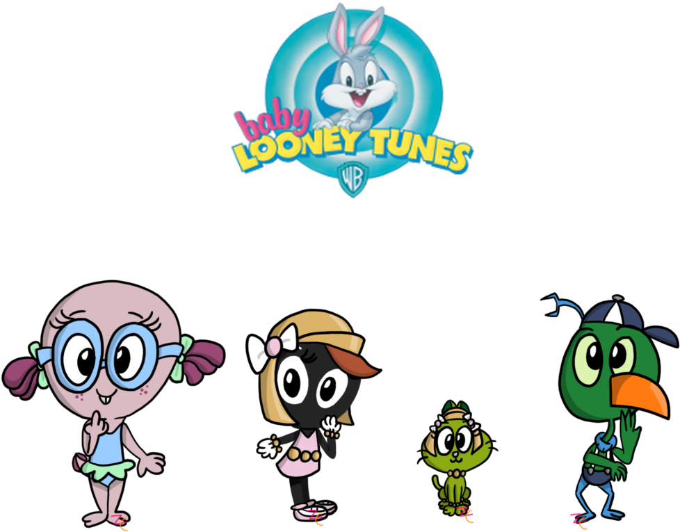 Baby Looney Tunes 角色 壁紙 — 在黑色背景上，發光的藍色標誌下，寶貝樂一通角色們愉快地微笑。