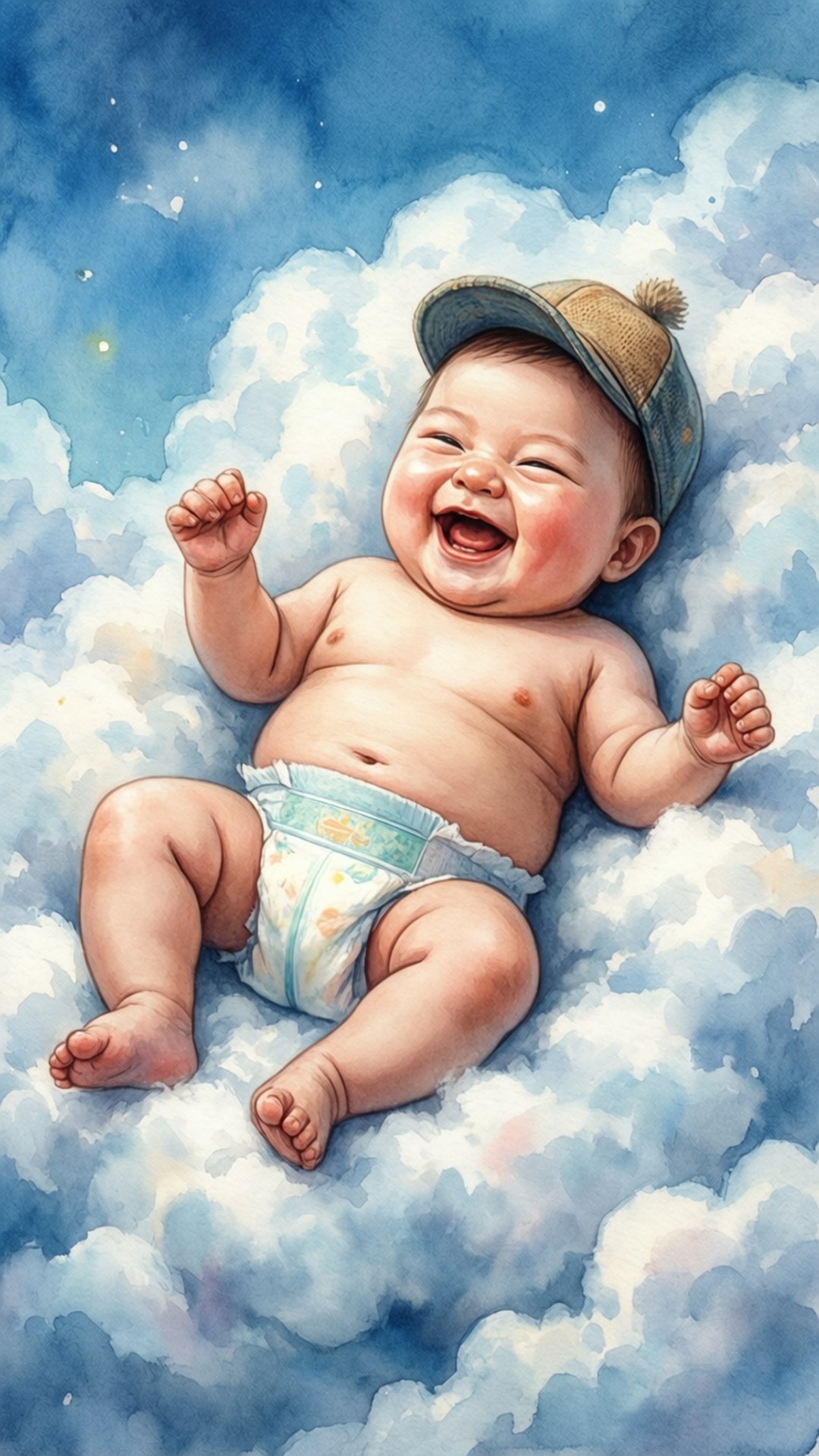 一個戴著帽子和尿布的嬰兒在星空下的雲朵上漂浮大笑。