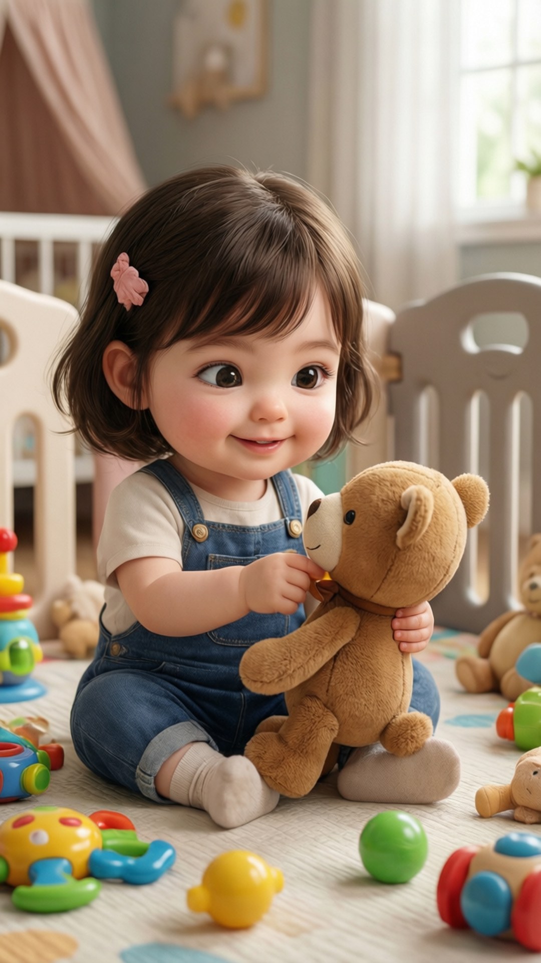 一個穿著牛仔布工裝褲的微笑幼兒在遊戲墊上擁抱一隻泰迪熊，周圍環繞著色彩繽紛的玩具。