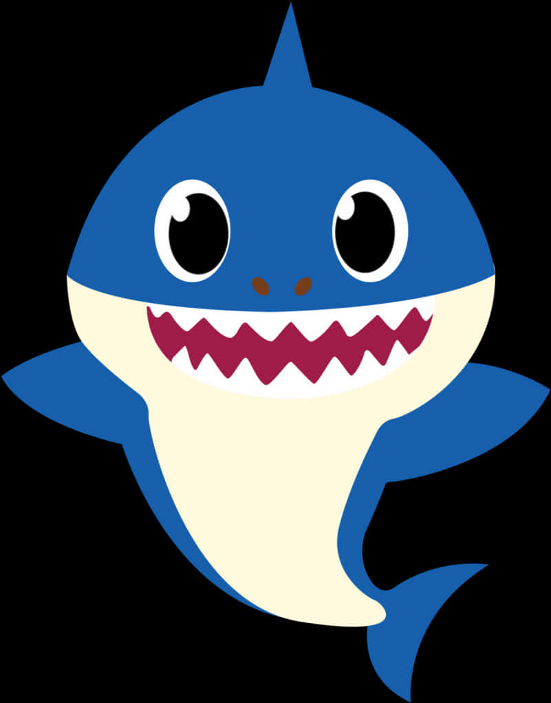 Baby Shark 卡通角色 壁紙 — 一條開心嘅卡通鯊魚，對眼大大，咧嘴露出闊大嘅牙齒笑容，背景係黑色。