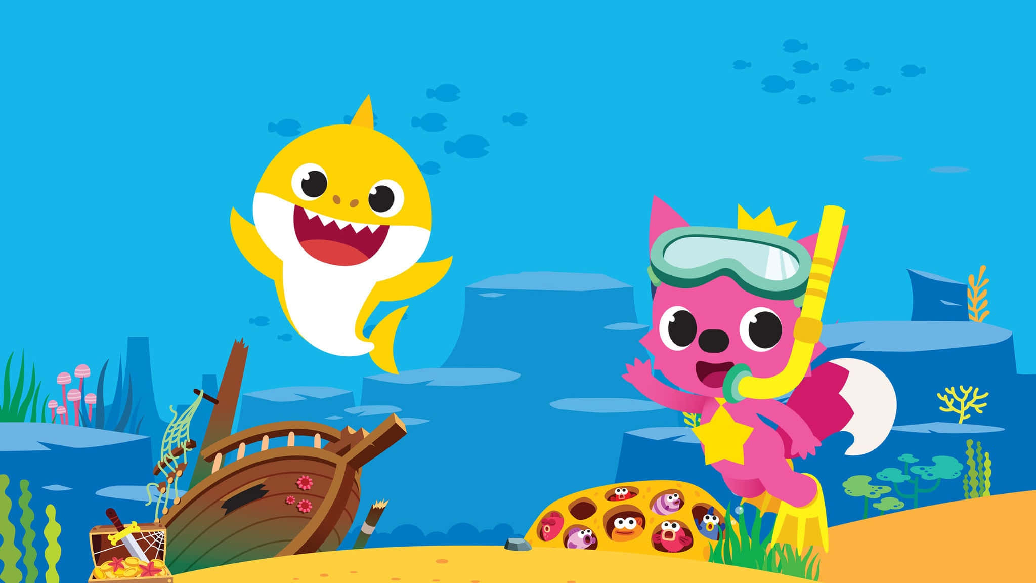 Baby Shark 背景：William 與 Pinkfong 壁紙 — 一條快樂的黃色鯊魚和一隻粉紅色貓潛水員探索一個陽光普照的珊瑚礁，內有沉船和寶箱。