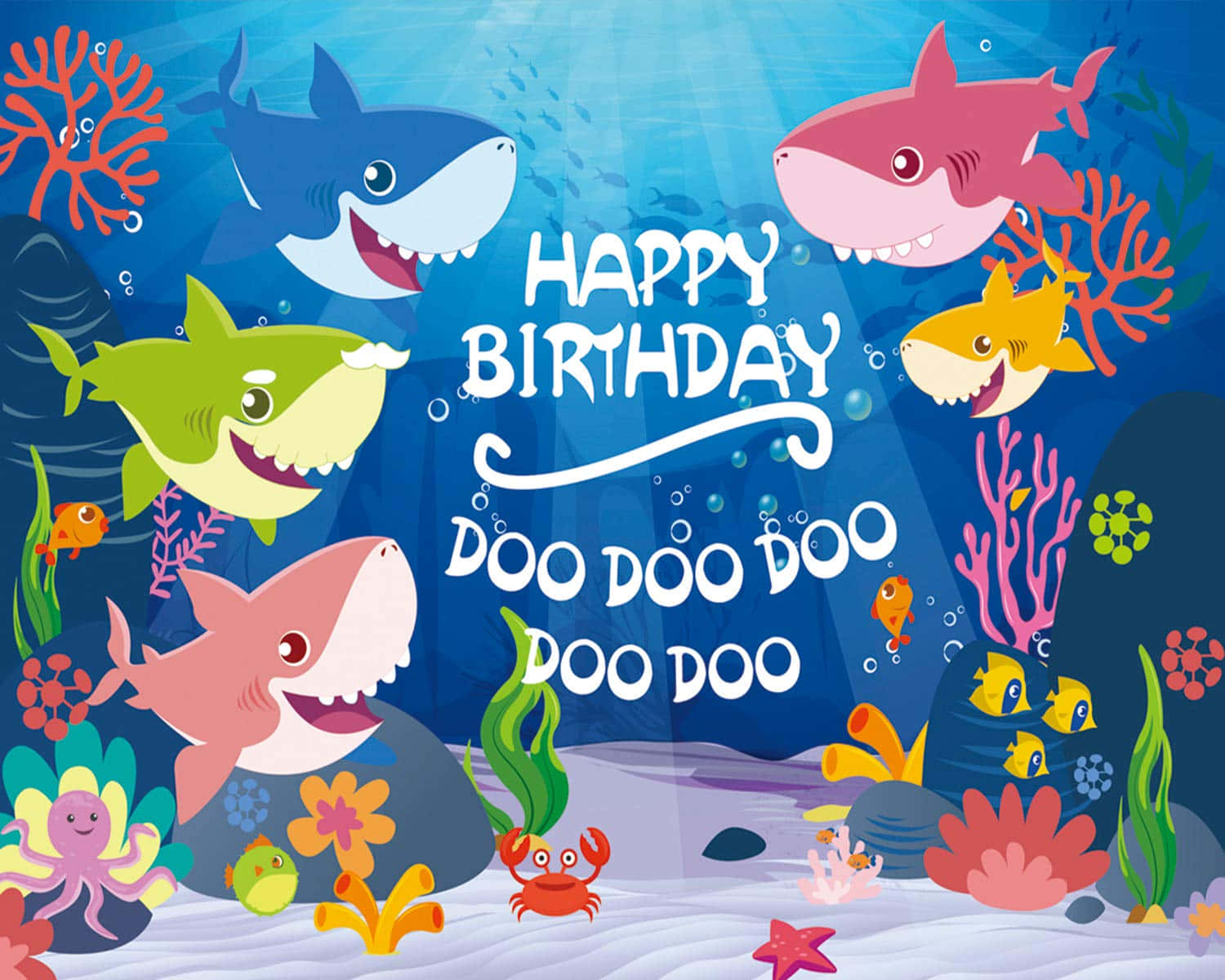 Baby Shark 背景：生日歌「Happy Birthday Doo Doo Doo Doo」 壁紙 — 色彩繽紛的卡通鯊魚和海洋生物在水下慶祝生日，配有節日文字和珊瑚裝飾。