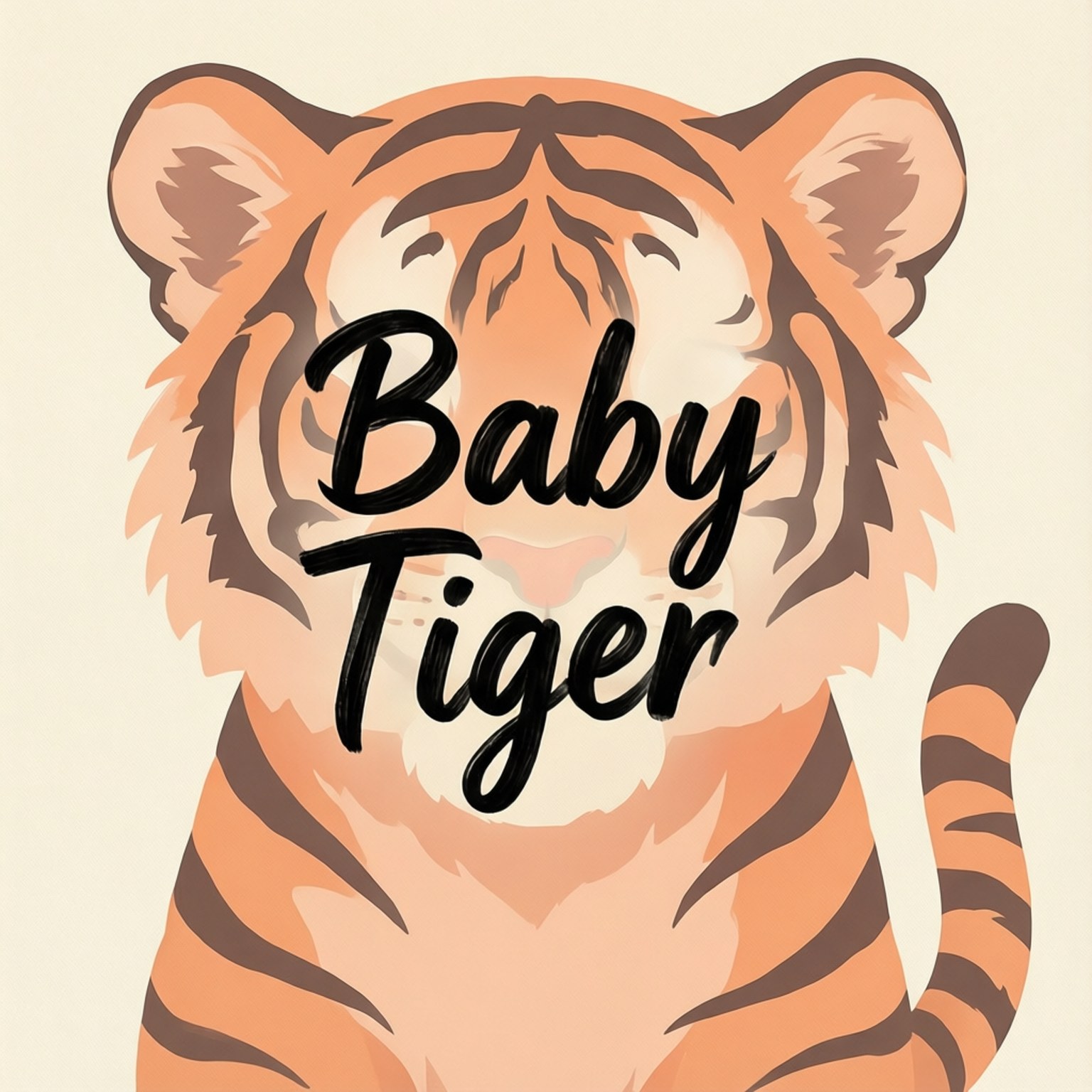 一隻小老虎的插圖，有橙色毛皮和黑色條紋，以及寫著「Baby Tiger」的文字