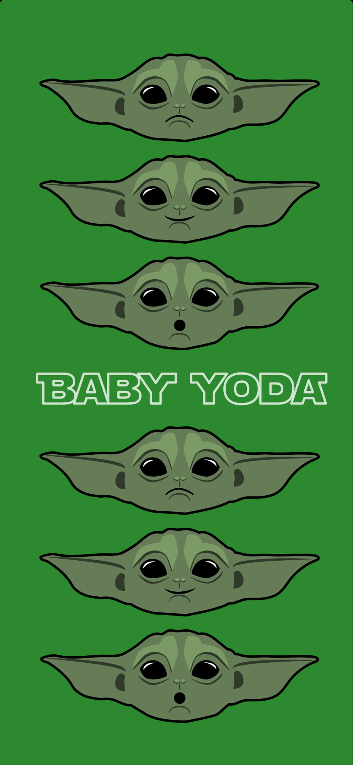Baby Yoda卡通情緒表情 壁紙 — 六個卡通風格的尤達寶寶臉孔，表情各異，垂直堆疊在純綠色背景上，並帶有「BABY YODA」文字。