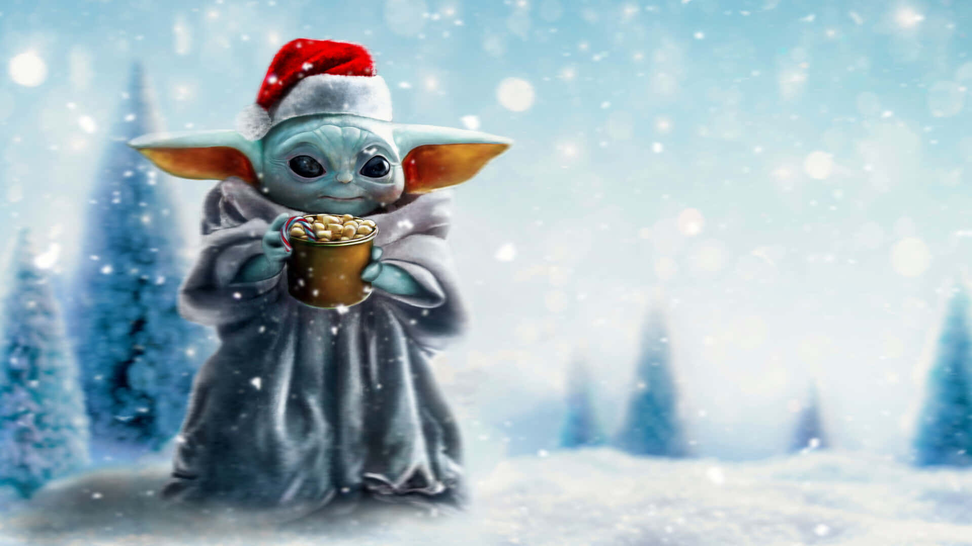雪中Baby Yoda聖誕節 壁紙 — Baby Yoda 戴著紅色聖誕帽，在雪花飄落的雪地森林中手持一杯熱可可。