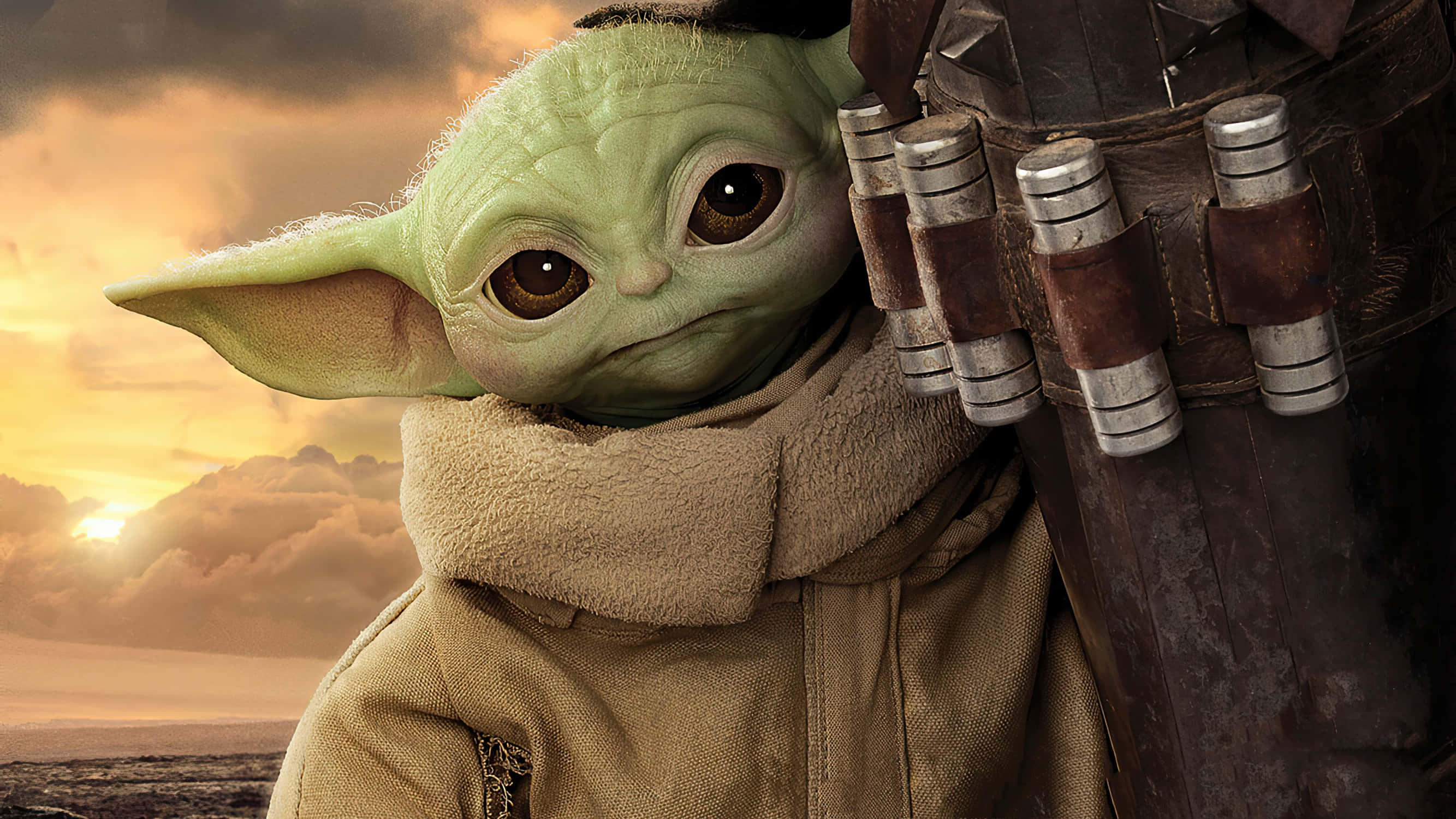 Baby Yoda 放鬆休憩時光 壁紙 — Grogu 近距離特寫，若有所思地望著金色日落雲天。