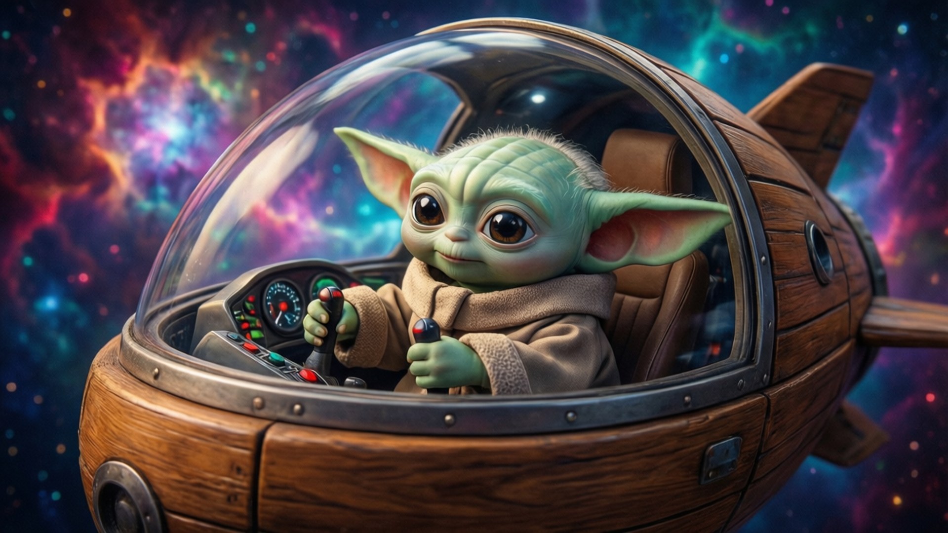 嬰兒尤達駕駛木製太空船穿越色彩繽紛的宇宙星雲。