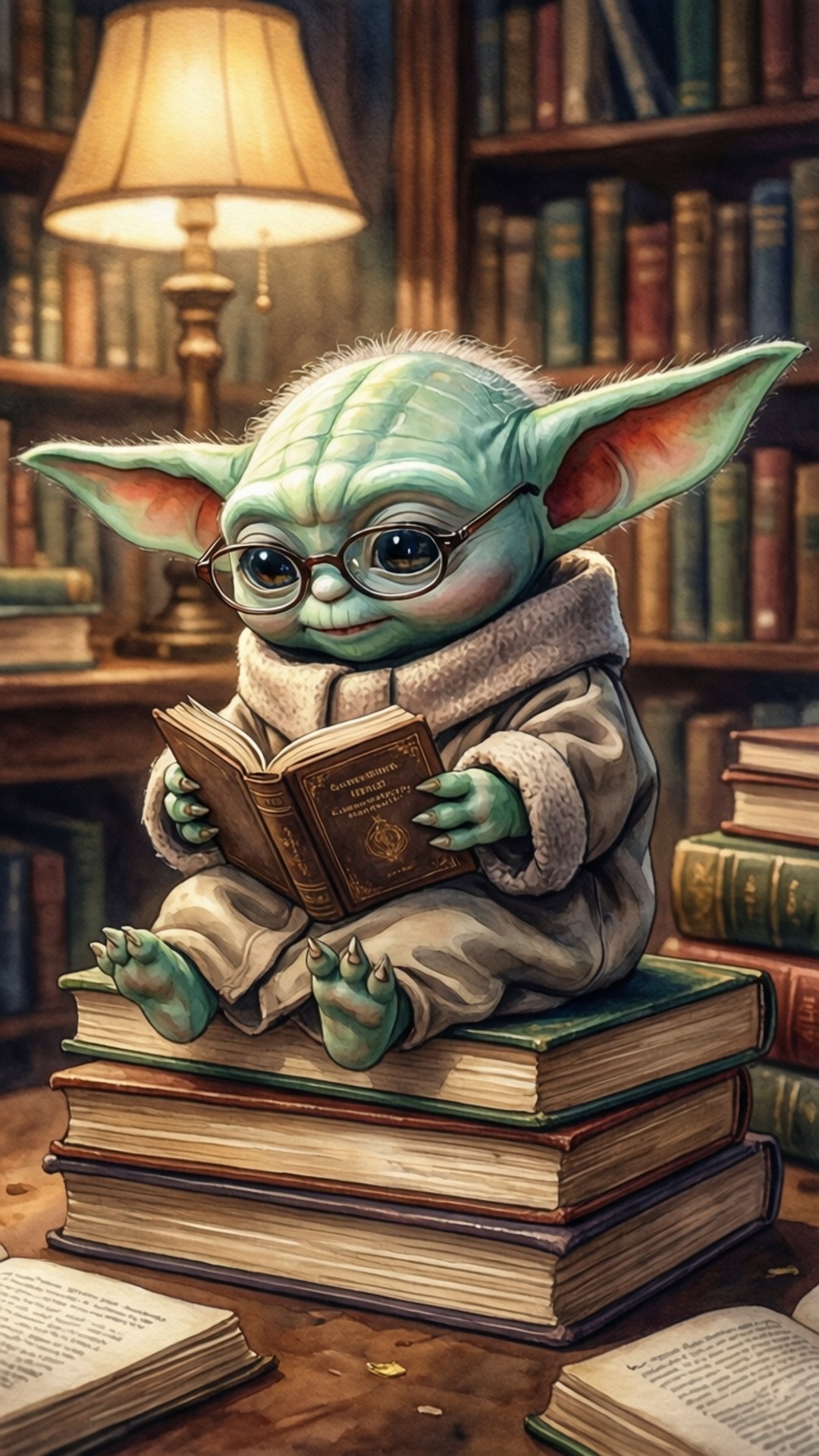 一個戴眼鏡的綠色小尤達在舒適的圖書館裡，被書堆環繞著閱讀一本書。