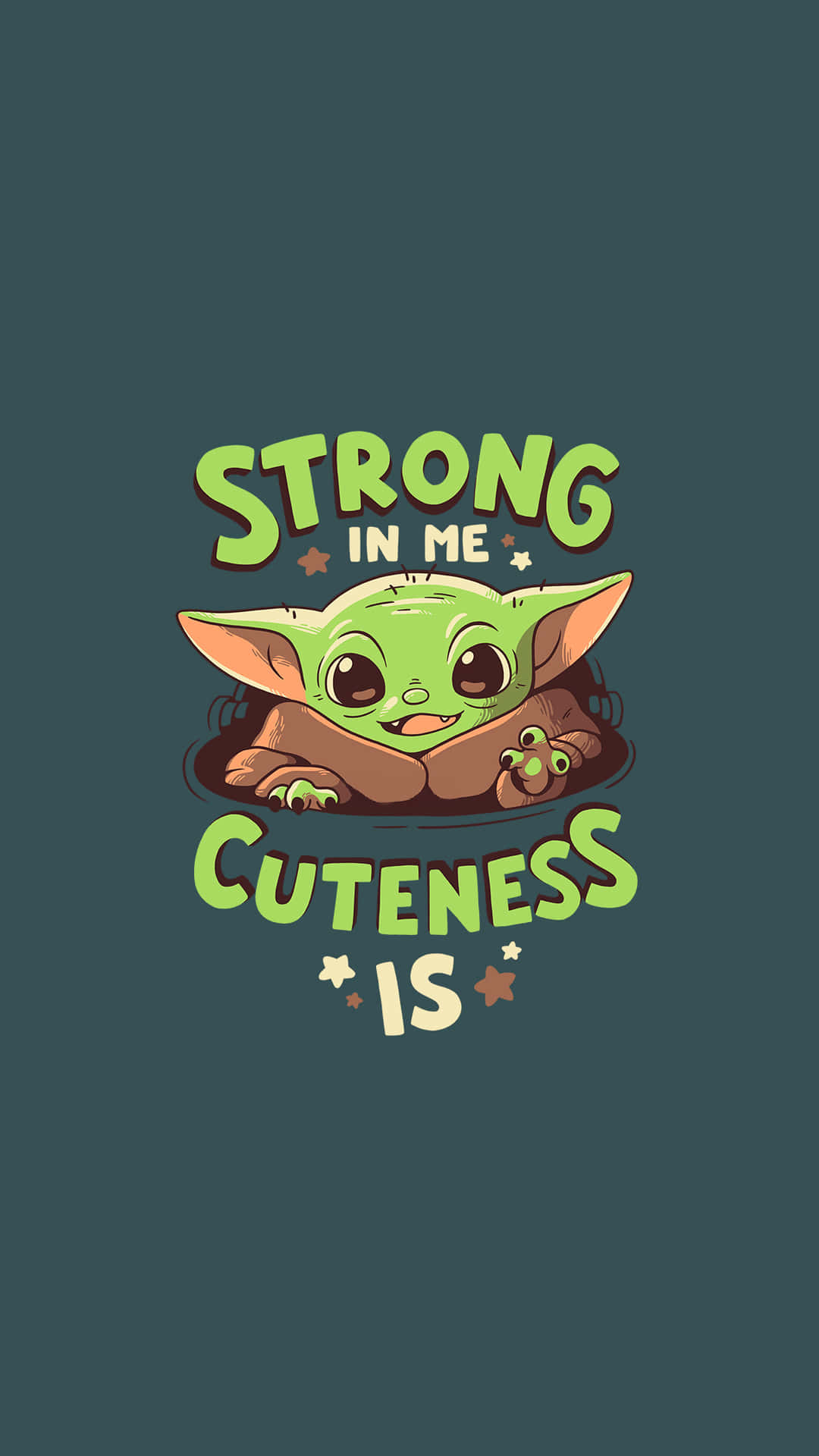 嬰兒尤達探出頭來，藍綠色背景上有文字 'Strong in me cuteness is'。 — 寶寶尤達 壁紙