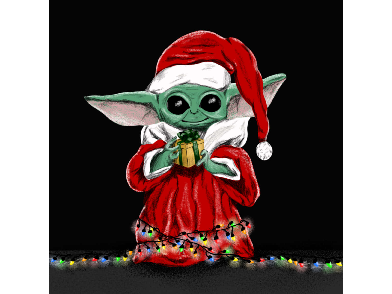 Baby Yoda 圣誕燈飾 壁紙 — 一個綠色嘅Baby Yoda穿著紅色聖誕老人套裝，拎住一份禮物，彩色燈光喺佢腳邊閃爍，背景係黑色。