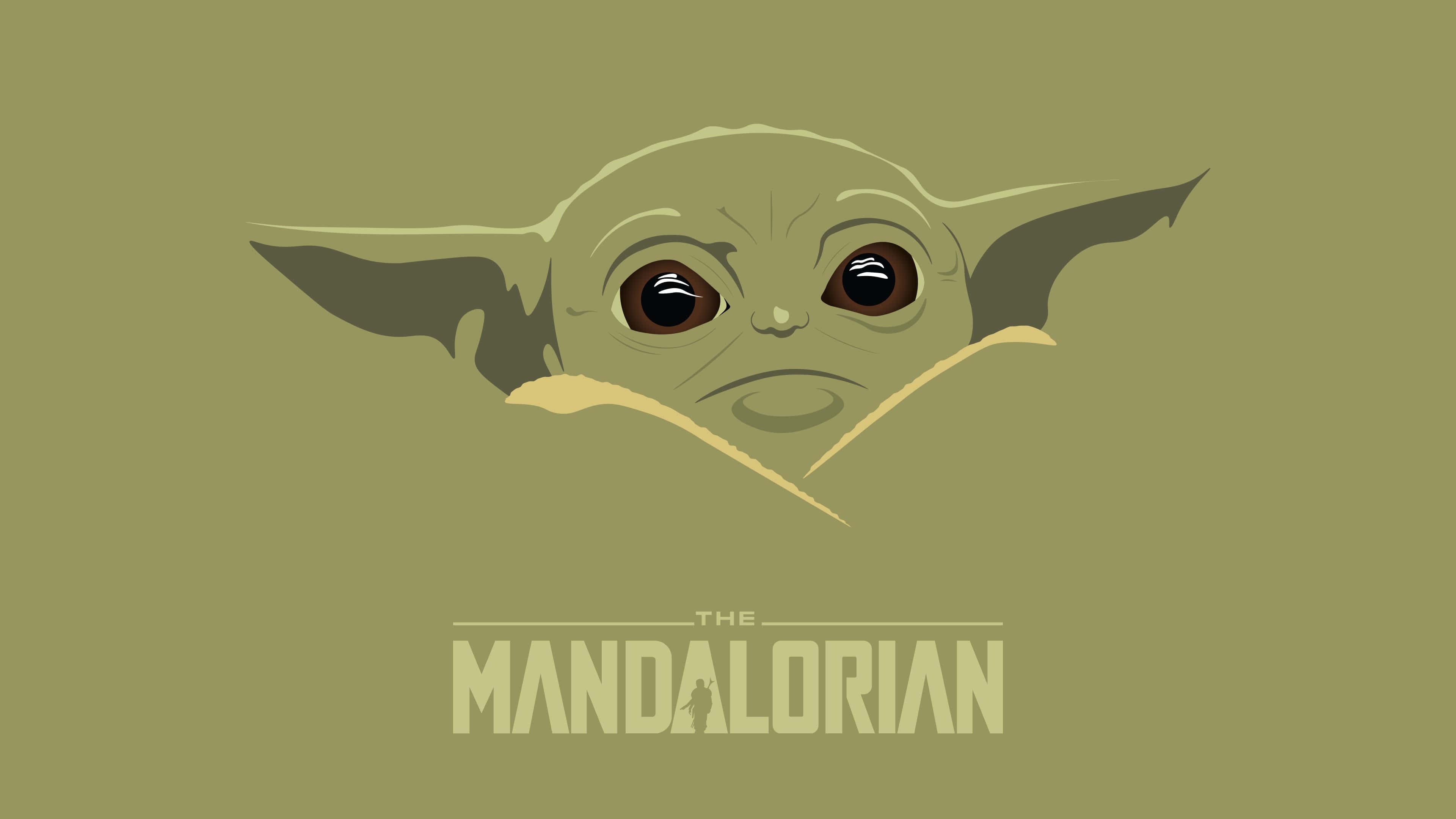 Baby Yoda 美學橄欖底圖 壁紙 — 一幅風格化插圖，描繪古古在柔和的橄欖綠背景下，從毯子上方探出頭來，睜著一雙充滿好奇的大眼睛。