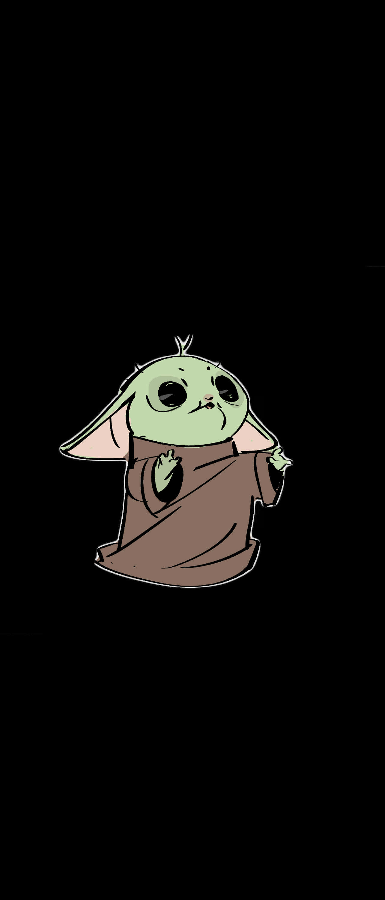 Baby Yoda 美學黑底圖 壁紙 — 一個可愛的綠色嬰兒尤達穿著棕色長袍，在純黑色背景前揮手。