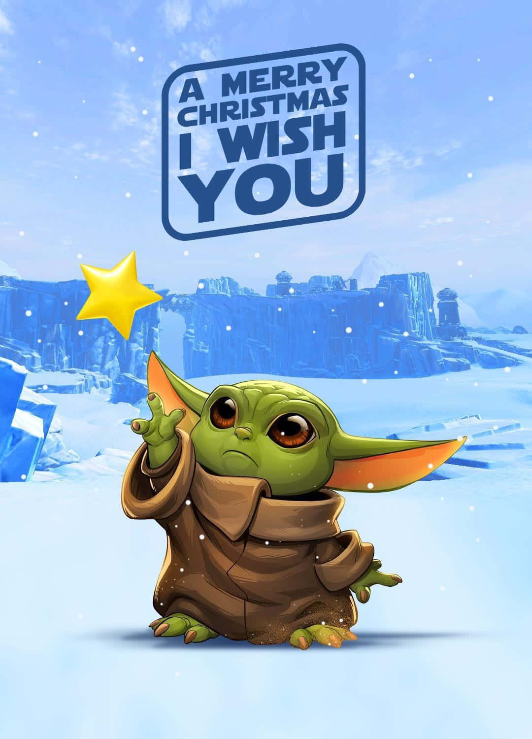 Baby Yoda 聖誕卡 壁紙 — Baby Yoda 坐在雪地風景中，星空下，上方有 'Merry Christmas I Wish You' 標牌。