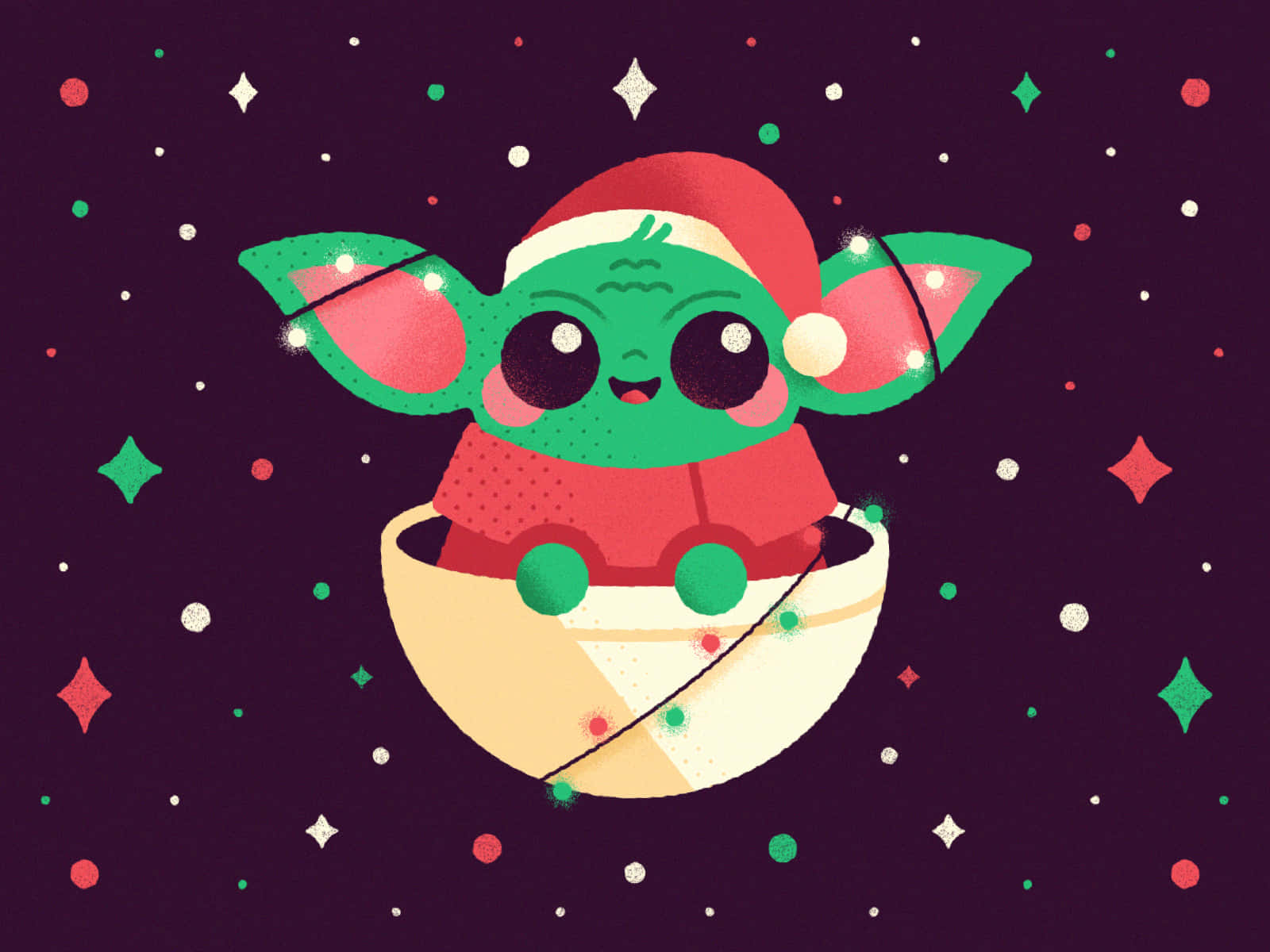 Baby Yoda 聖誕碗 壁紙 — 一個可愛的綠色尤達寶寶戴著紅色聖誕帽，坐在裝飾華麗的雪橇上，背景是星光閃爍的紫色夜空。