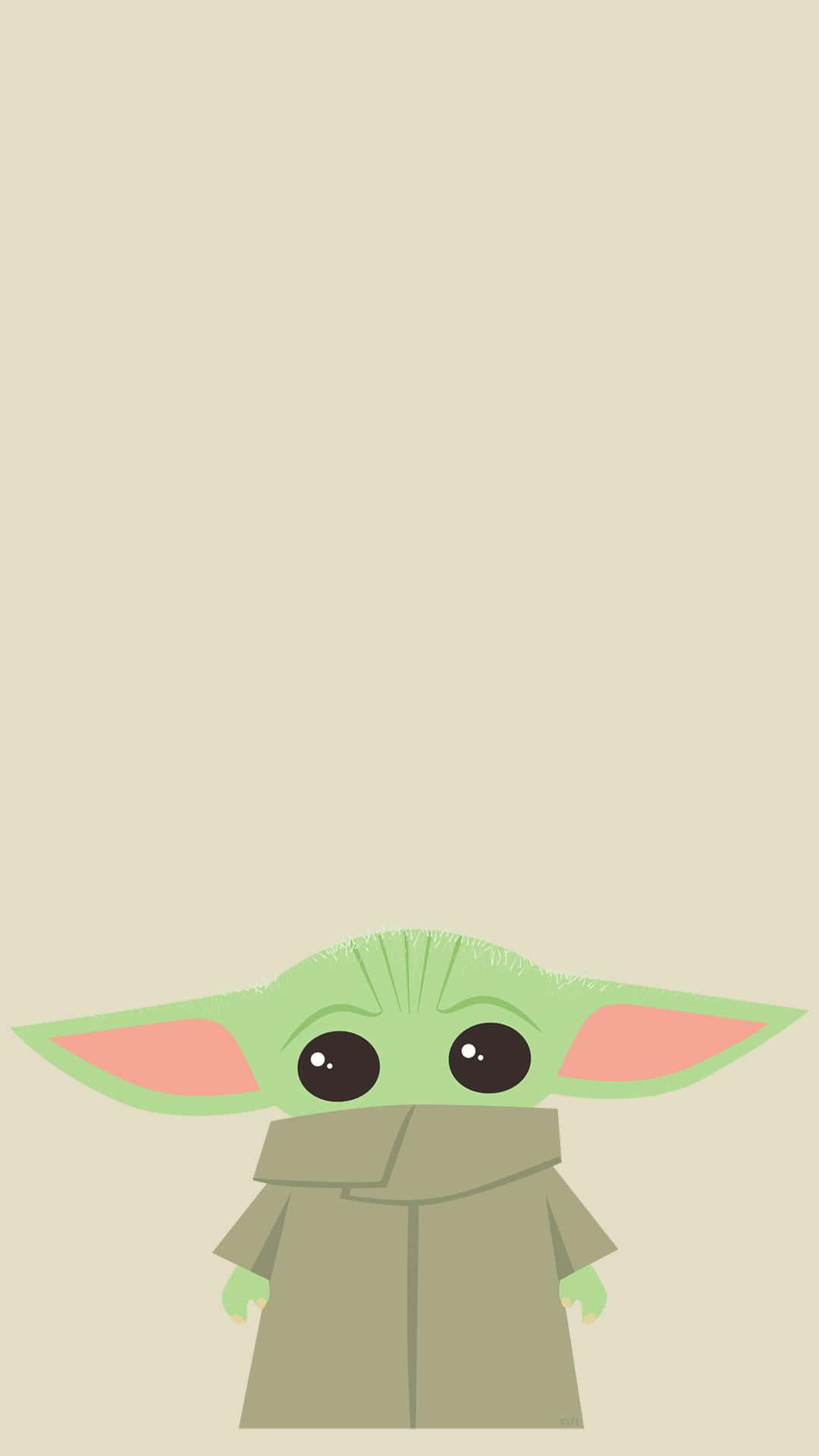 Baby Yoda 與其主人共度珍貴時光 壁紙 — 一幅極簡插圖，Grogu 從下方窺視，背景為米色。