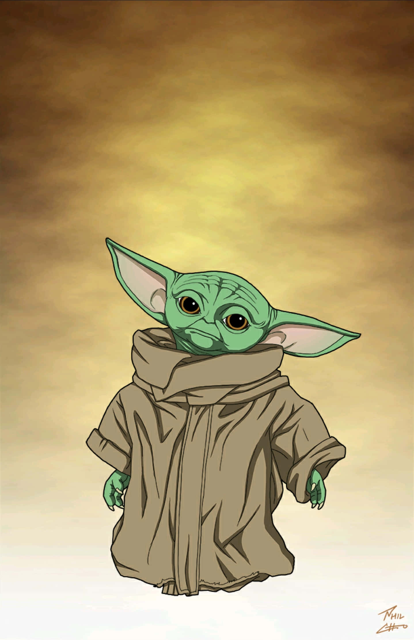 Baby Yoda 風格插畫 壁紙 — 一個綠色皮膚、大耳朵、穿著棕色長袍的孩子站在溫暖的金色天空下。