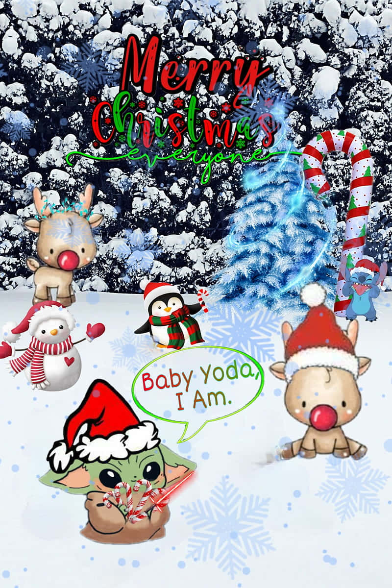 穿著雪地裝備的節日卡通角色用拐杖糖和雪花慶祝聖誕節。