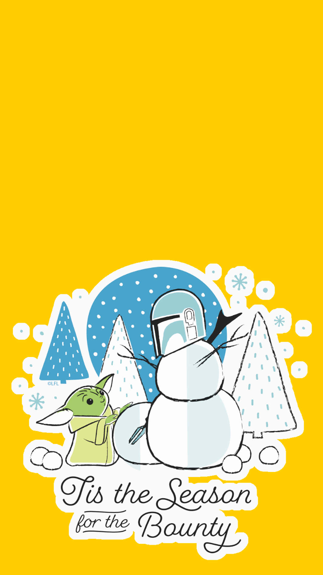 Baby Yoda聖誕雪人手機壁紙 壁紙 — 一幅節日插圖，描繪了古古和一個以曼達洛人風格設計的雪人，背景是雪景和明亮的黃色背景。