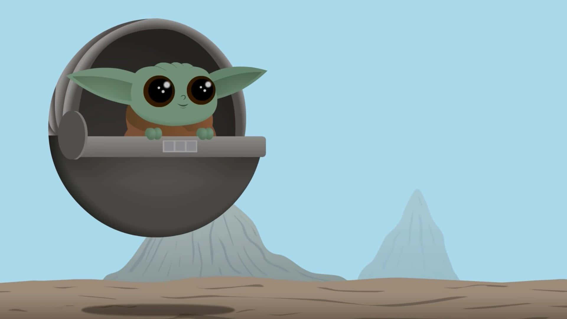 Baby Yoda顯得困惑 壁紙 — Baby Yoda 喺一個圓形莢艙入面好奇咁偷望，背景係沙漠，遠處有山，天空係淡藍色。
