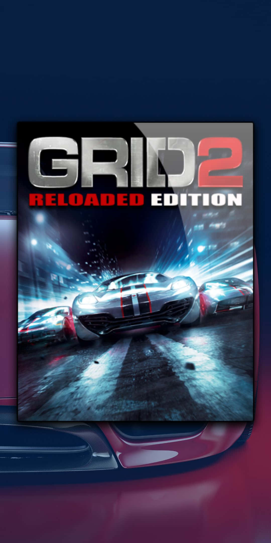 Grid 2 Reloaded Edition 賽車遊戲封面，夜間濕滑賽道上發光的汽車。