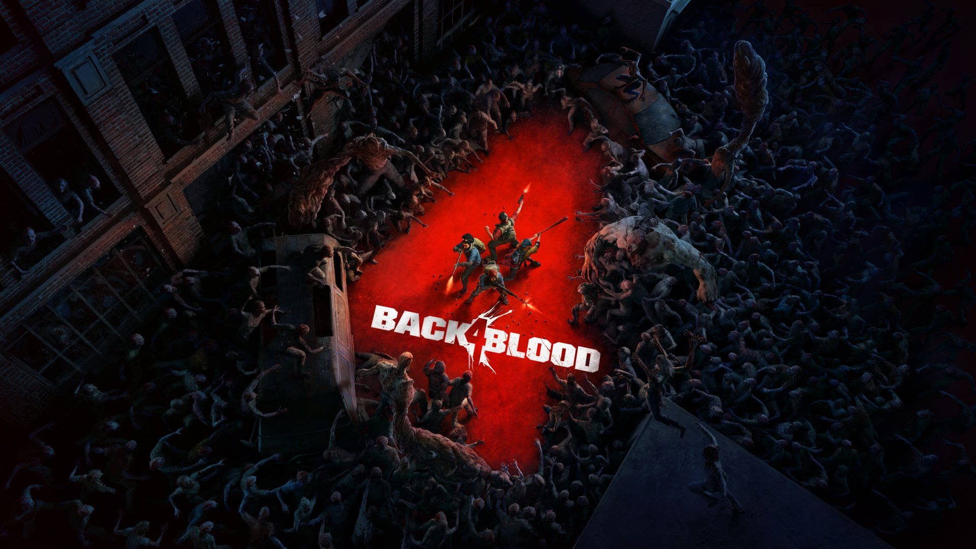 Back 4 Blood 官方海報 壁紙 — 兩名倖存者在黑暗的城市小巷中，在紅光照射下與喪屍群戰鬥。