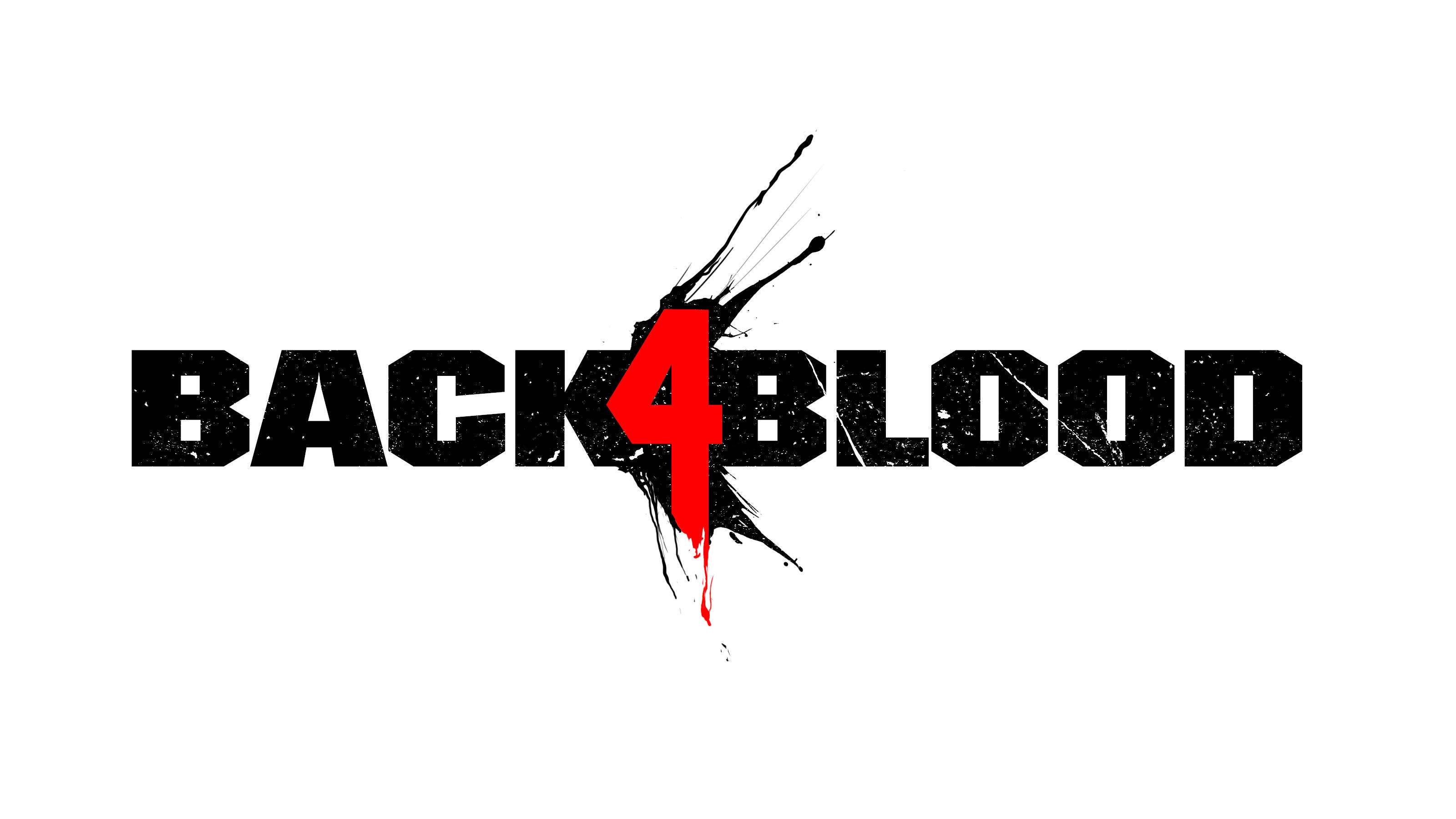 Back 4 Blood 標誌純白背景 壁紙 — 粗體黑色文字寫著 BACK4BLOOD，紅色數字四像血跡一樣濺在純白背景上。