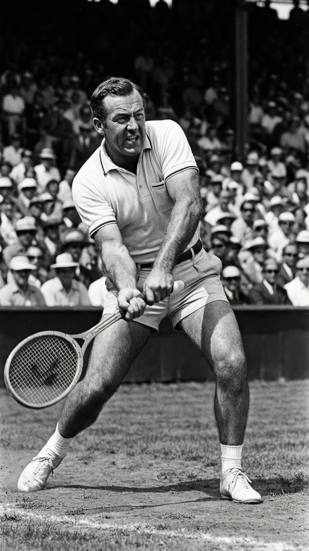 Tennis player swinging racket on grass court with spectators watching. 壁紙