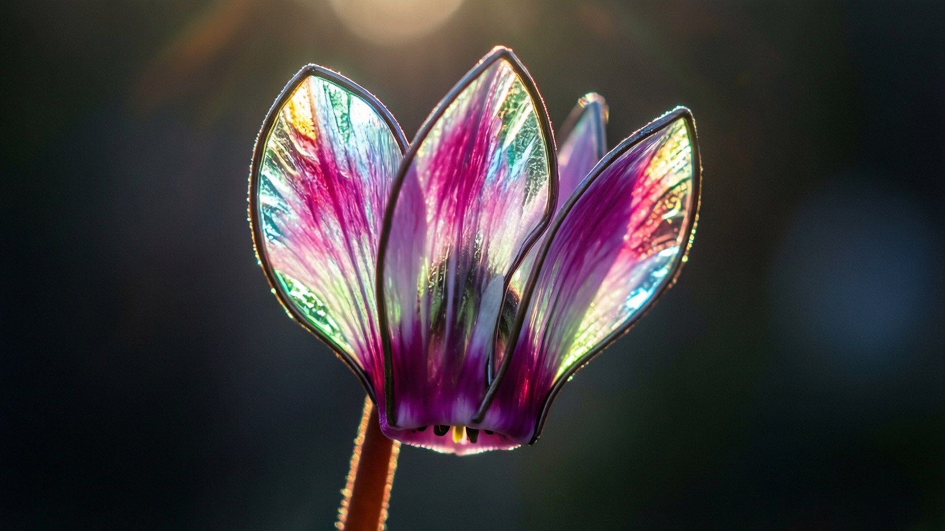 一朵玻璃花，帶有彩虹色紫、綠、金色調，在陽光下逆光。