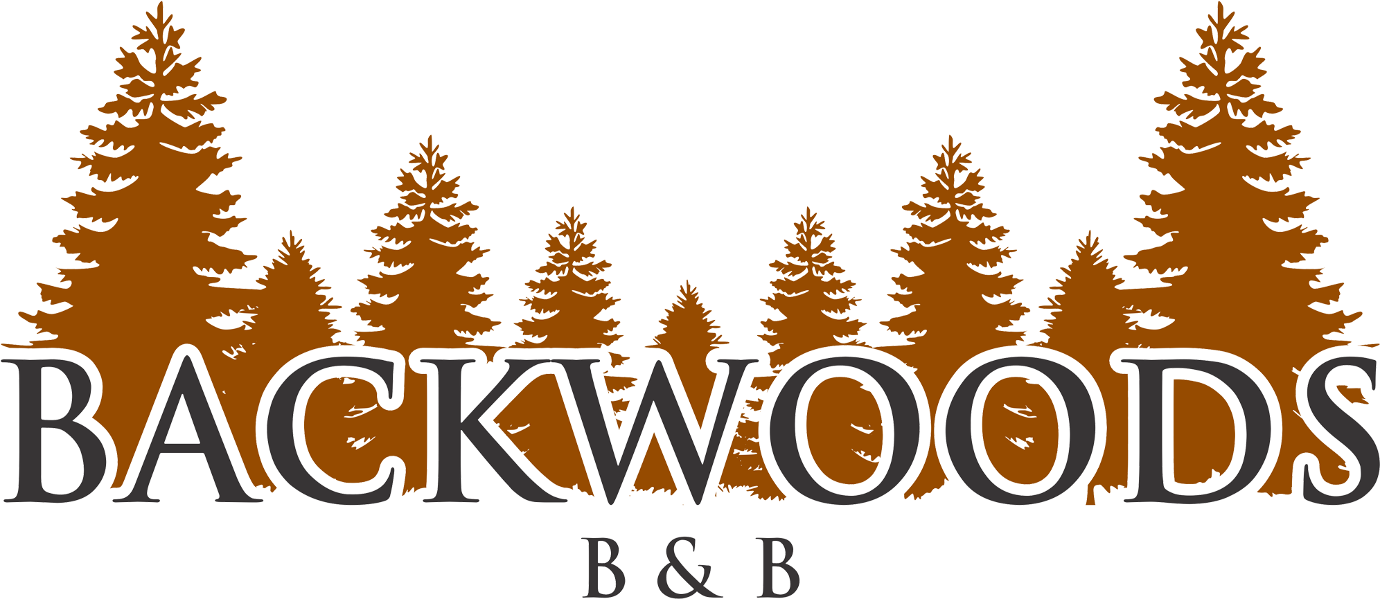 Backwoods B&B 標誌 壁紙 — 粗體黑色文字寫著 BACKWOODS B&B，背景是黑色背景上的風格化橙色松樹。