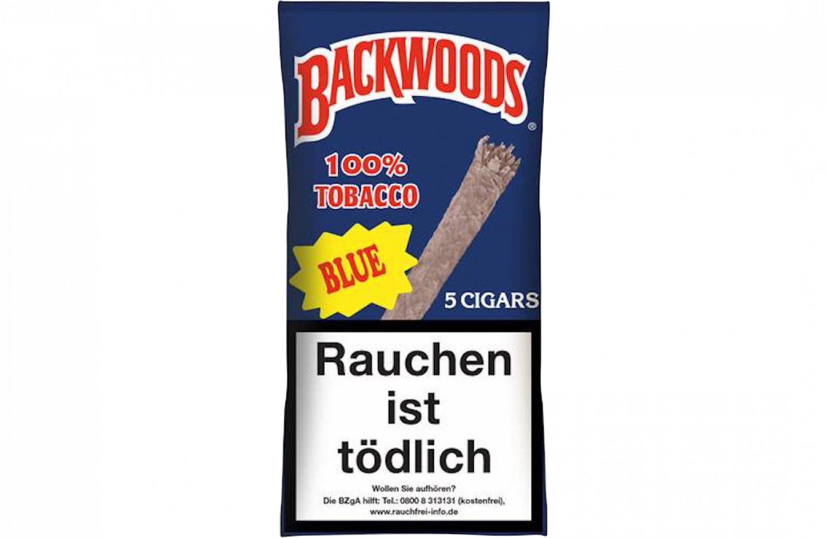 Backwoods Blue雪茄健康警告 壁紙 — 一個藍色Backwoods雪茄包裝，帶有黃色星爆和德國健康警告。