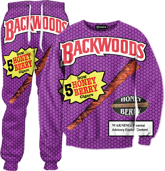 Backwoods 蜂蜜莓果主題服裝 壁紙 — 紫色蜂窩圖案運動套裝，帶有醒目的Backwoods Honey Berry雪茄品牌標誌及露骨內容警告。