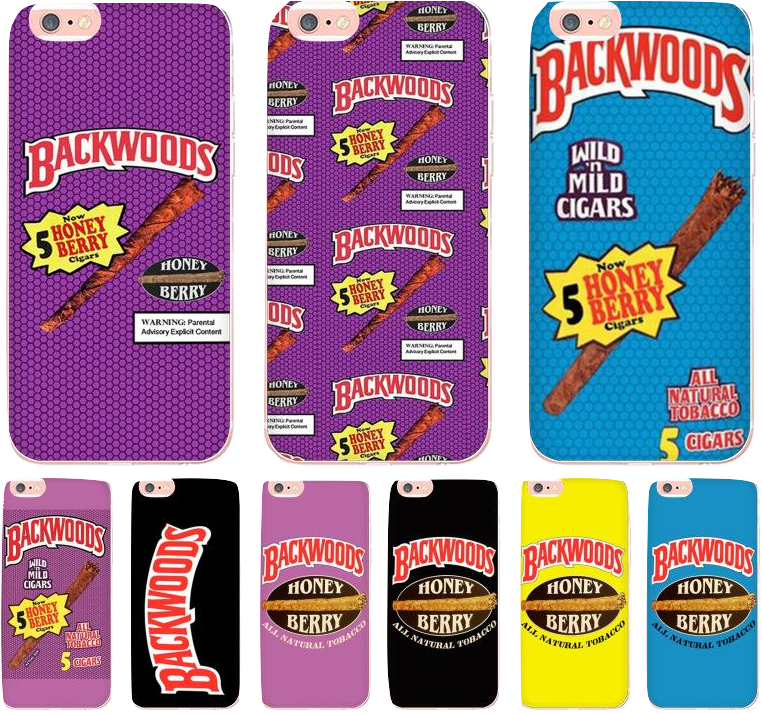 Backwoods 雪茄主題手機殼系列 壁紙 — 一系列手機殼，採用充滿活力的紫色、藍色、黃色和黑色背景，帶有 Backwoods Honey Berry 雪茄品牌標誌。