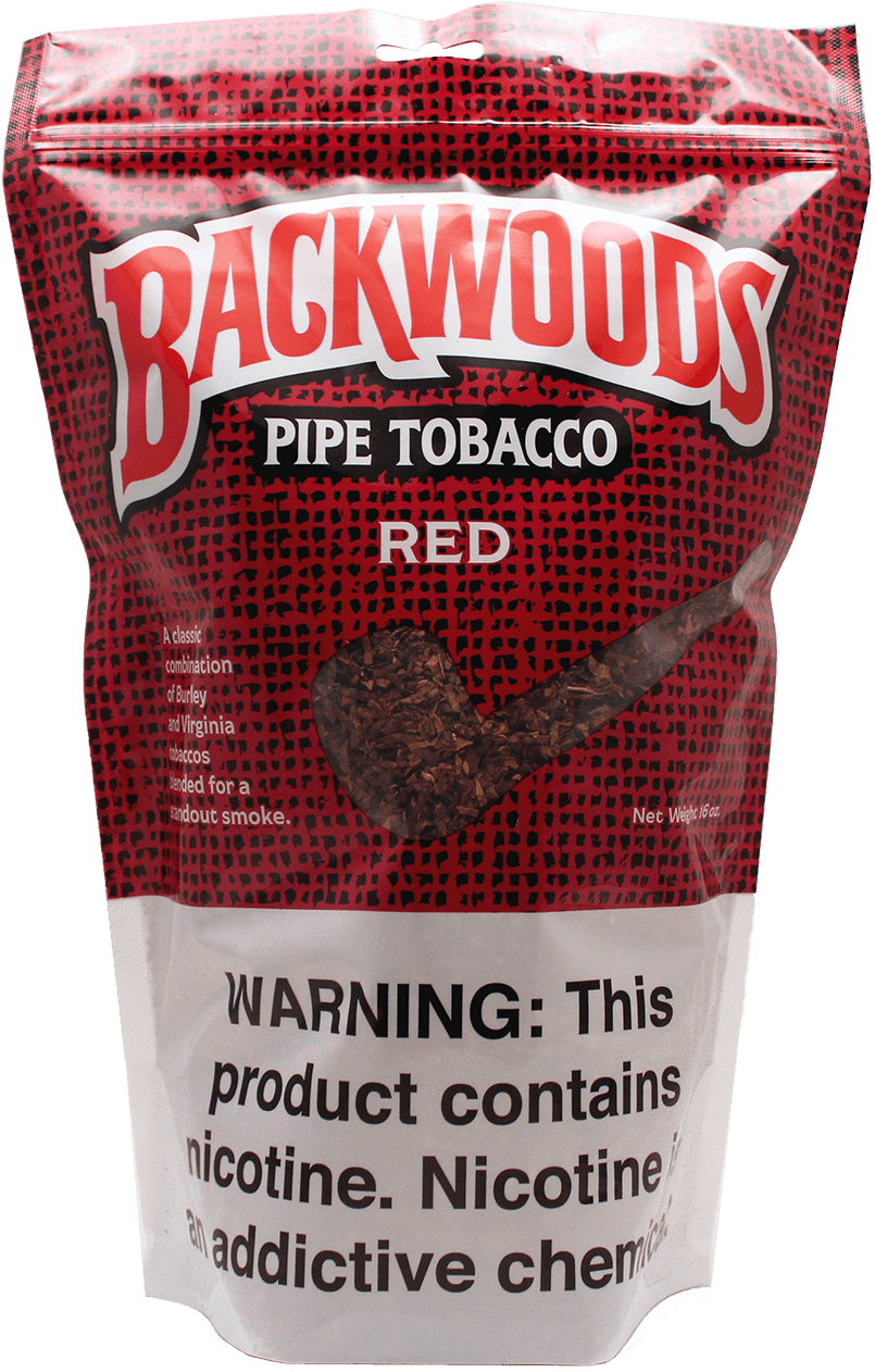 Backwoods 紅色煙斗煙草包裝 壁紙 — 一個紅黑圖案嘅Backwoods Red煙斗煙草袋，帶有煙斗形狀嘅煙草插圖同警告標籤。