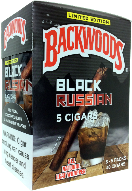 Backwoods 黑俄羅斯限量版雪茄 壁紙 — 黑色和紅色的限量版Backwoods Black Russian雪茄盒，木質表面上放著一杯冰咖啡利口酒和雪茄。
