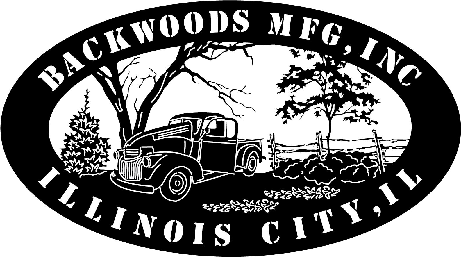 Backwoods Manufacturing 標誌 壁紙 — 經典貨車停泊在無葉樹下，旁邊有籬笆，採用鮮明的黑白標誌設計。