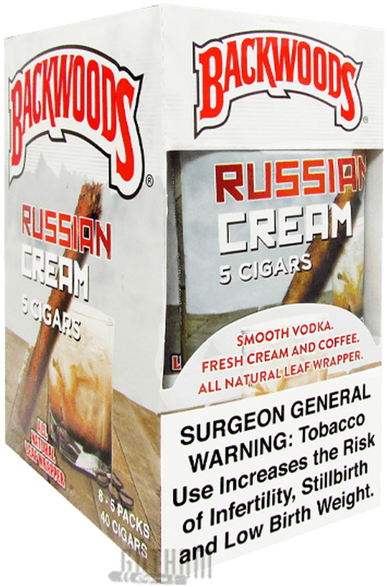 Backwoods Russian Cream雪茄包裝 壁紙 — 一盒白色Backwoods Russian Cream雪茄，帶有鮮明的紅色品牌標識和可見的警告標籤。