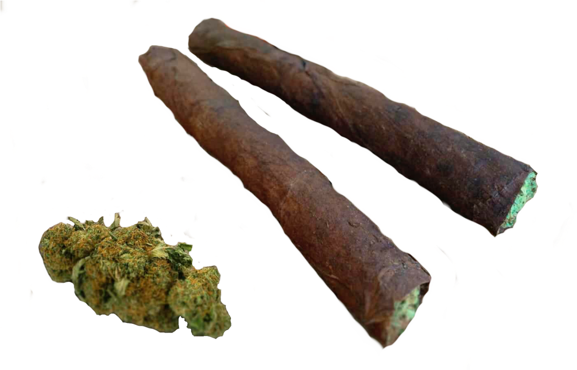 Backwoods雪茄與大麻花蕾 壁紙 — 兩支捲好的大麻煙和一個濃密的綠色花蕾在黑色背景上漂浮，帶有發光的金色粒子。