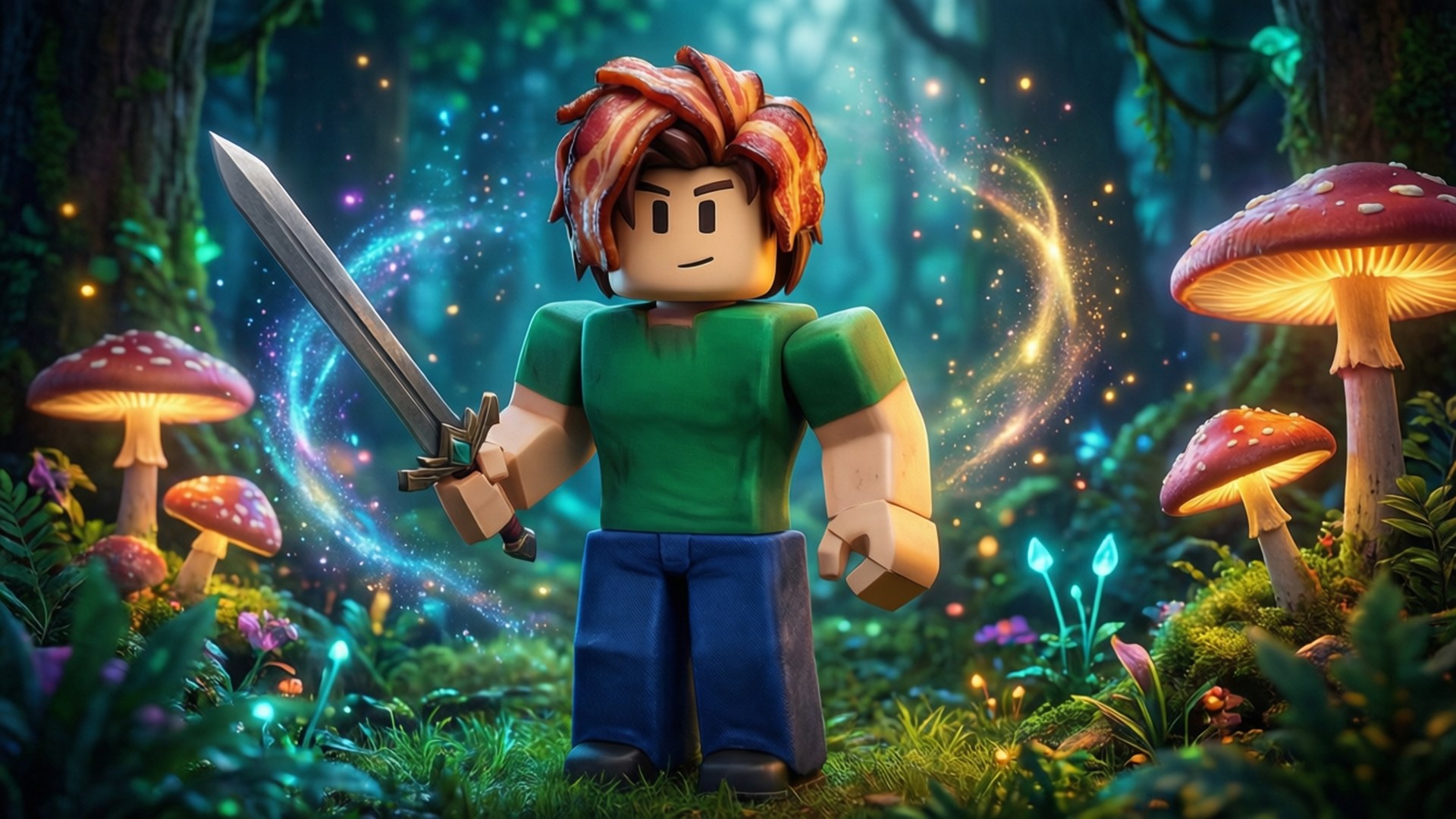 Roblox角色手持劍站在發光的魔法森林中，有巨型蘑菇