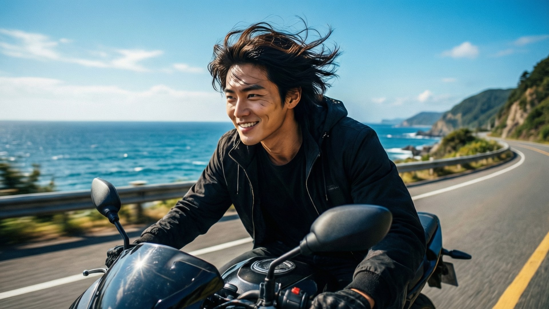 男人在海岸道路上騎電單車，背景有海洋和山丘