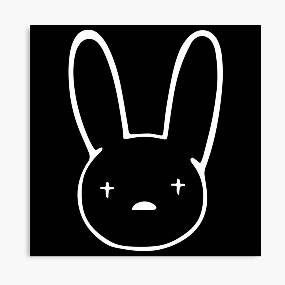 Bad Bunny 標誌 壁紙 — 在純黑色背景上，一個極簡風格的白色線條兔子臉，帶有交叉眼和小嘴巴。