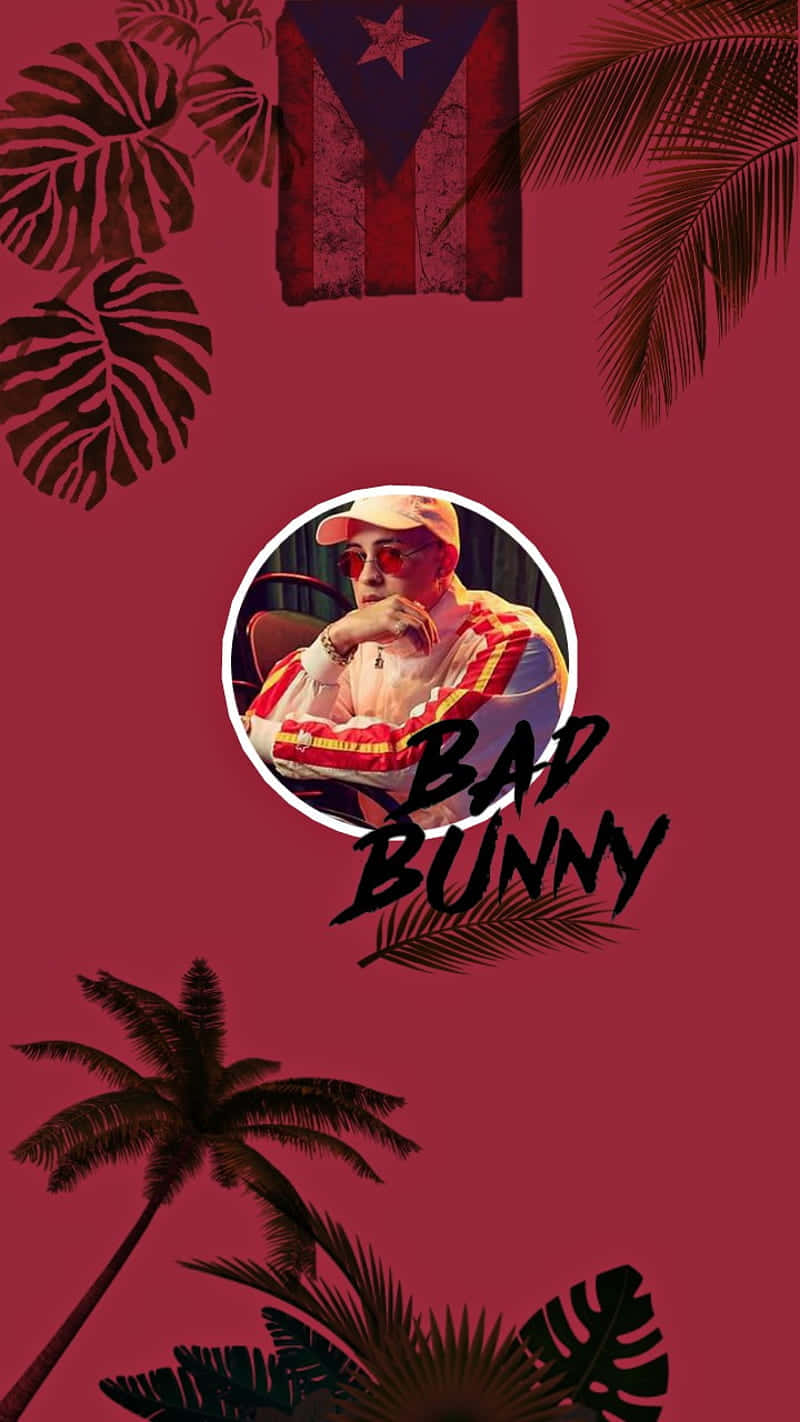  壁紙 — Bad Bunny 在圓形框架內，背景為深紅色，配有熱帶樹葉和波多黎各國旗。