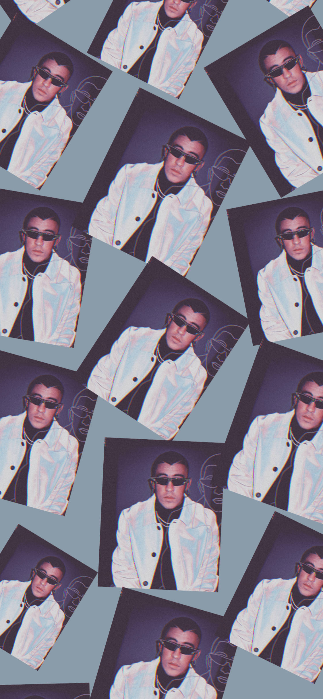 Bad Bunny 同一影像多張拼貼 壁紙 — 一幅傾斜照片的拼貼畫展示了一位身穿白色外套和太陽眼鏡的年輕男子，背景為深色。