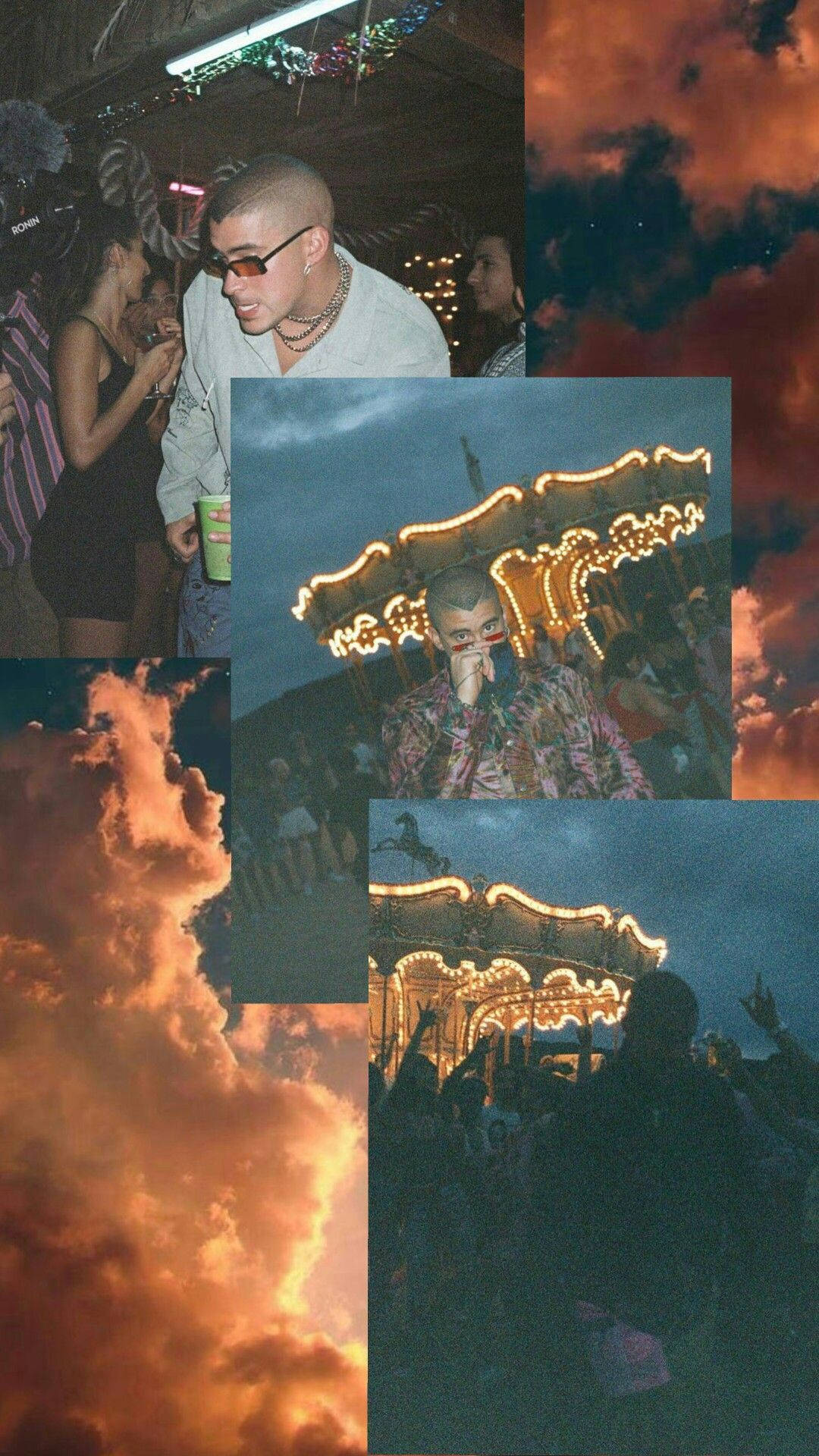 Bad Bunny 在嘉年華旋轉木馬前 壁紙 — 一幅充滿活力的夜生活場景拼貼畫，包括發光的旋轉木馬、派對參與者，以及在黑暗天空下火紅的橙色雲彩。